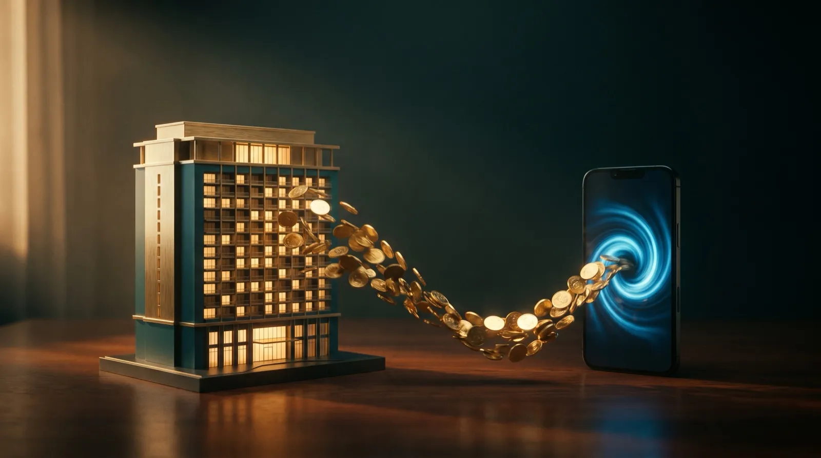 Goldmünzen werden aus einem Luxushotel in den Sog eines Buchungsportals auf dem Smartphone gezogen
