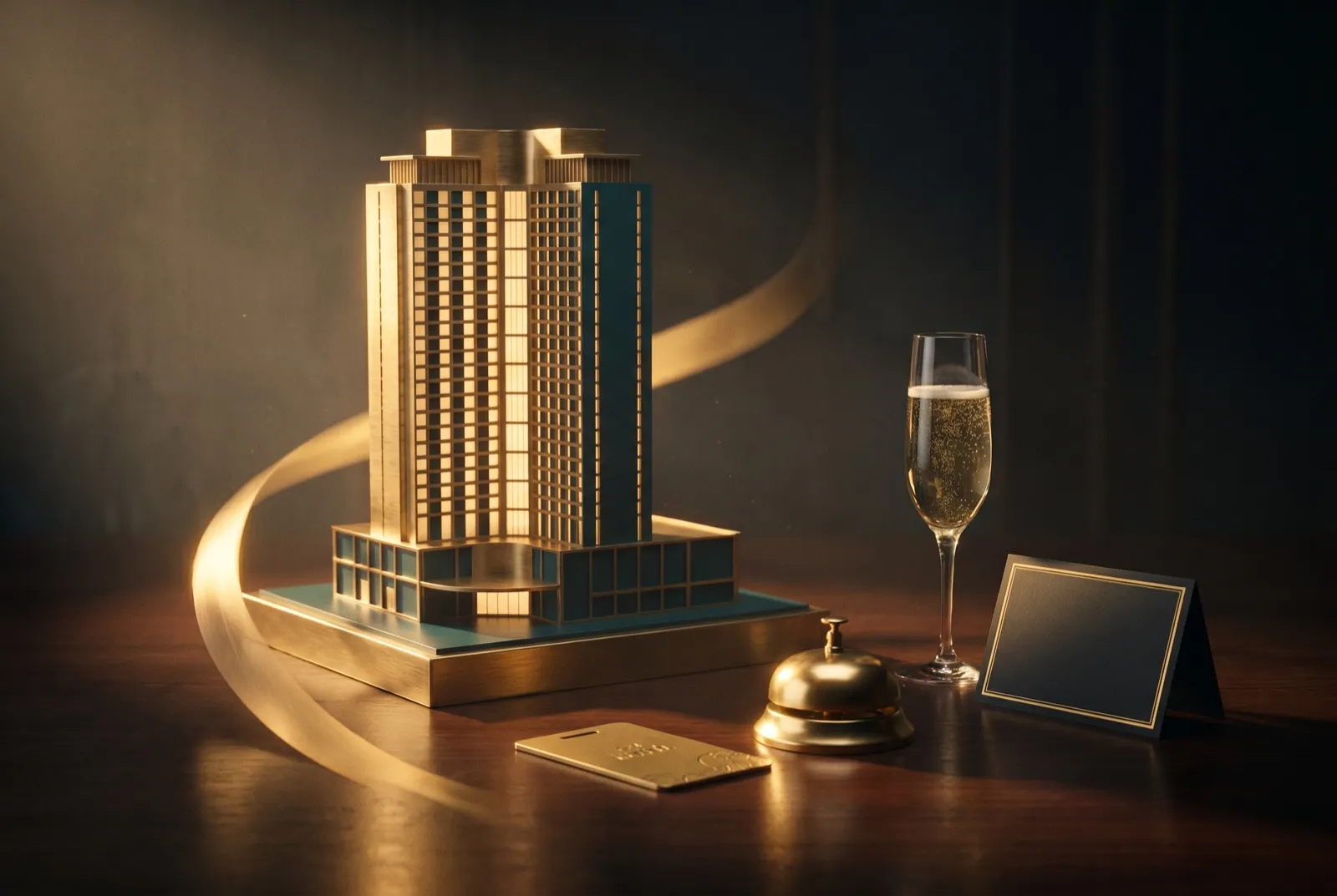 Luxushotel-Modell mit Champagner, Concierge-Glocke und goldenem Lichtschwung als Sinnbild für VIP-Belohnung
