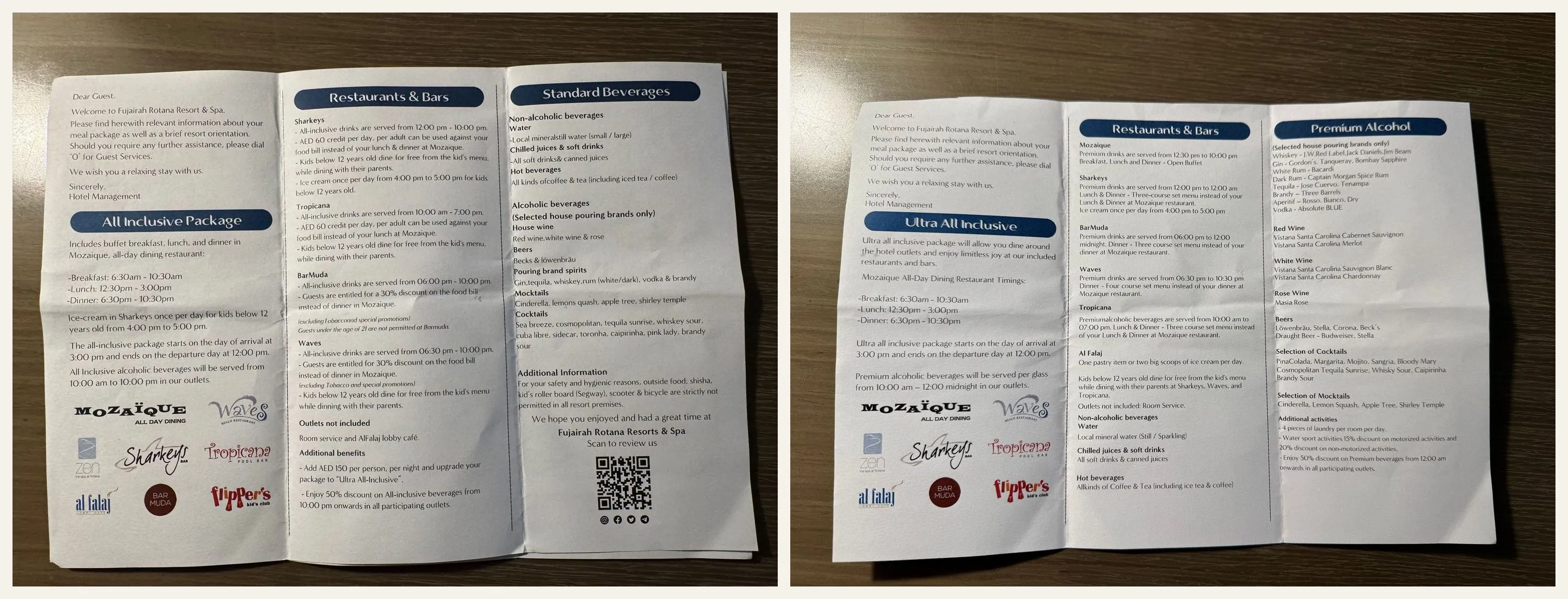 Die beiden Info-Blätter des Resorts nebeneinander: links das All-inclusive-Paket, rechts Ultra-All-inclusive mit Premium-Getränken