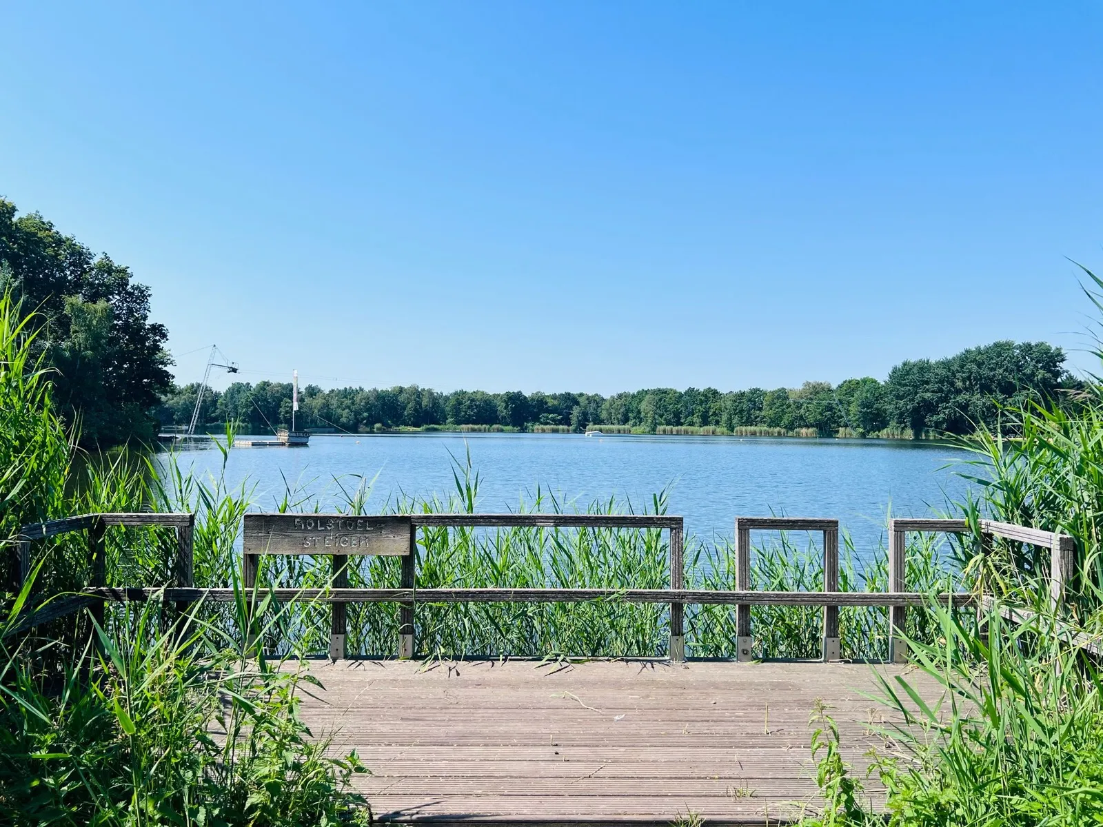 Blick von einem Holzsteg mit Geländer über den großen See von De Schatberg, am Ufer Schilf und Bäume