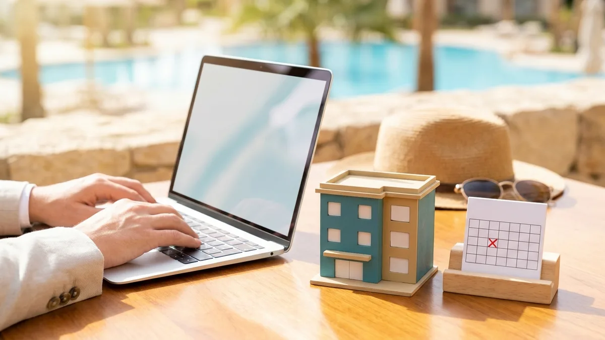 Symbolbild: Hände am Laptop neben einem Mini-Hotel und einem Kalender mit durchgestrichenem Datum, sonnige Pool-Kulisse im Hintergrund
