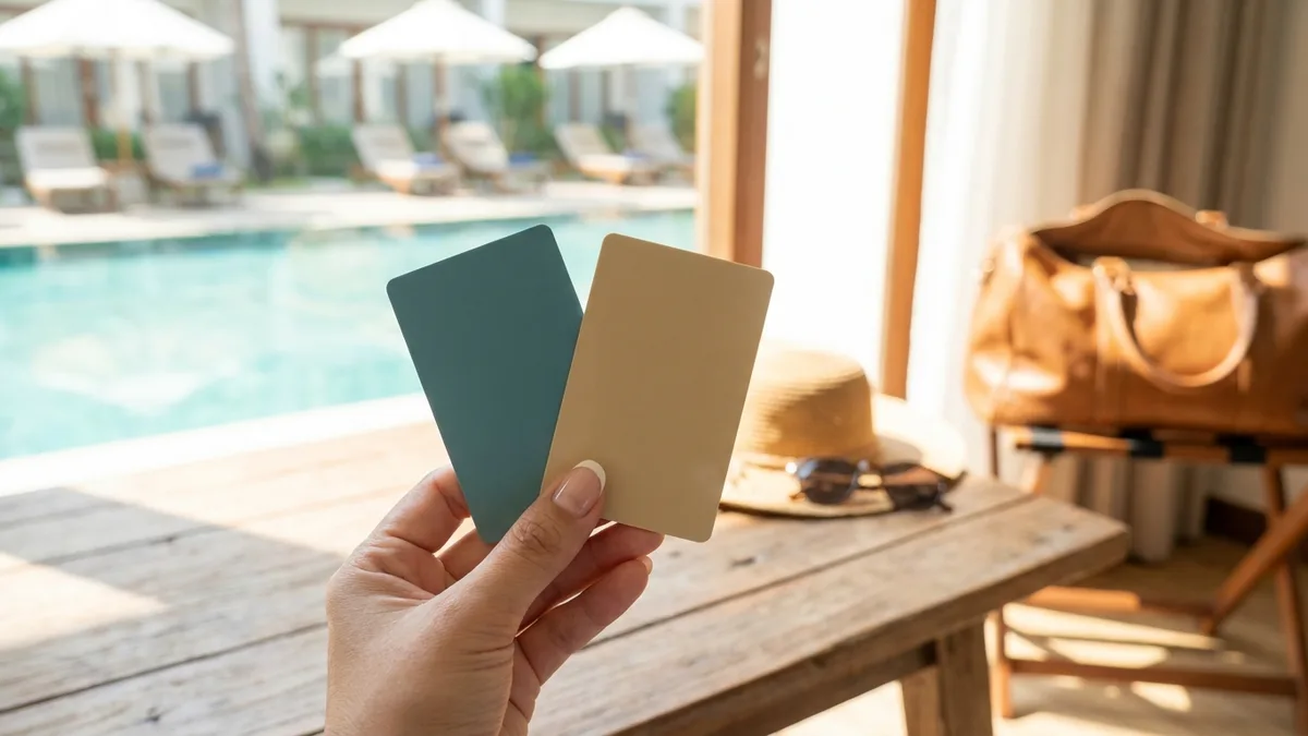 Symbolbild: Hand hält zwei Hotel-Keycards — zwei Wege, dasselbe Zimmer zu buchen