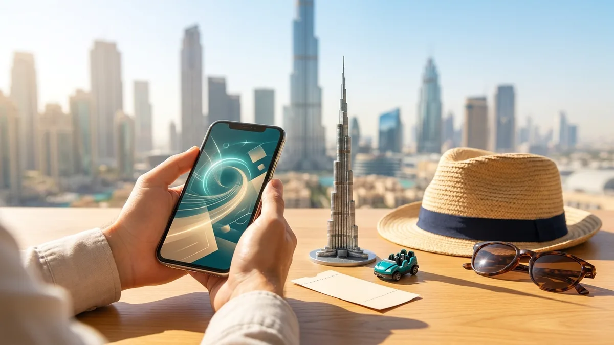Symbolbild: Hände am Smartphone mit abstraktem Buchungs-Screen neben einem Miniatur-Burj-Khalifa, einem kleinen Achterbahn-Wagen, Ticket, Strohhut und Sonnenbrille auf einem Holztisch, dahinter die sonnige Dubai-Skyline im weichen Bokeh