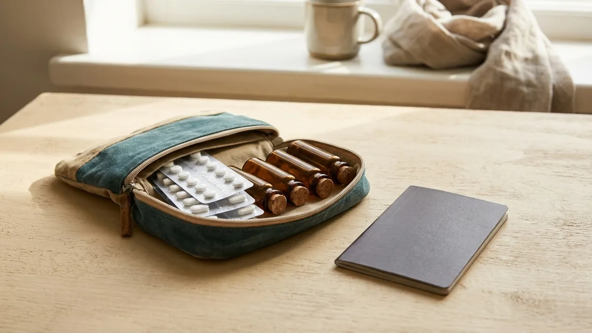 Symbolbild: Geöffnete Reiseapotheke mit Tablettenblistern und Fläschchen neben einem geschlossenen Reisepass auf hellem Tisch