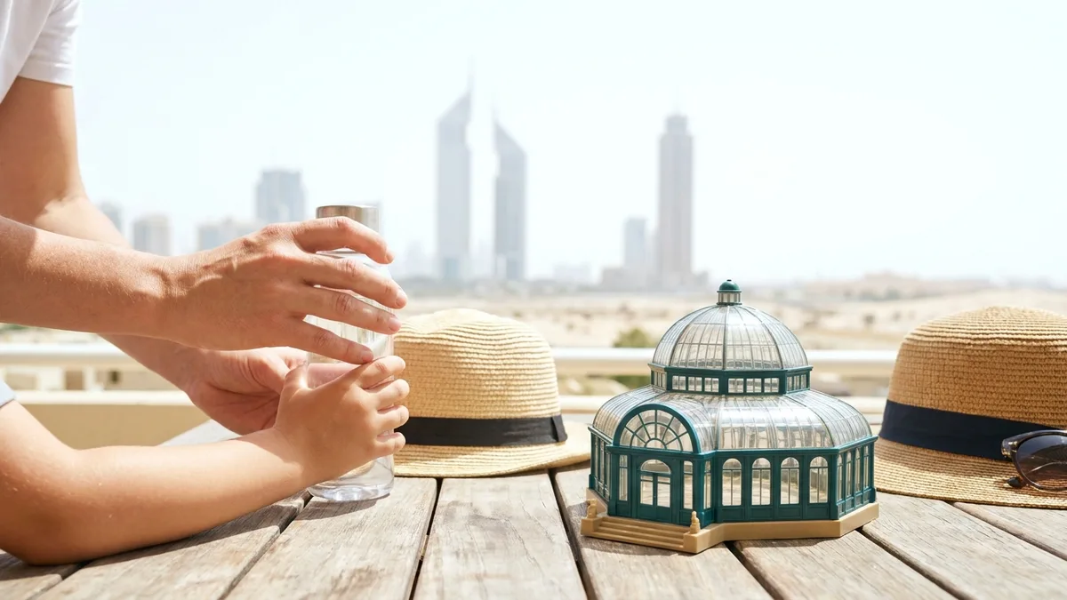 Symbolbild: Kinderhände mit Sonnenhut und Wasserflasche auf einem Holztisch, dahinter eine sonnige Dubai-Skyline im weichen Bokeh