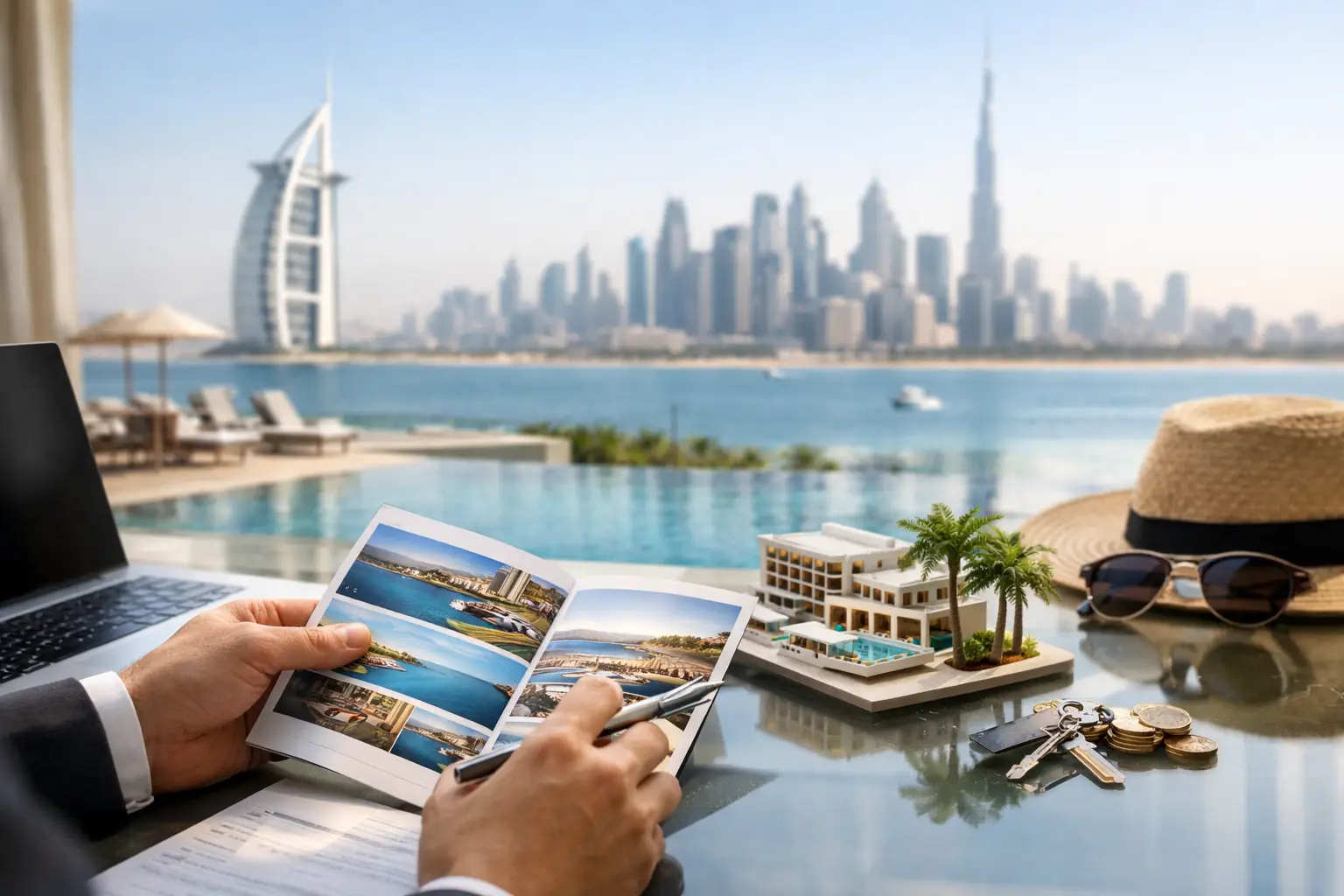 Symbolbild: Hände halten einen Reiseprospekt neben einem Miniatur-Hotel mit Pool und Palme, Autoschlüssel und Münzen auf dem Tisch, dahinter Dubai-Skyline mit Burj Al Arab am Wasser