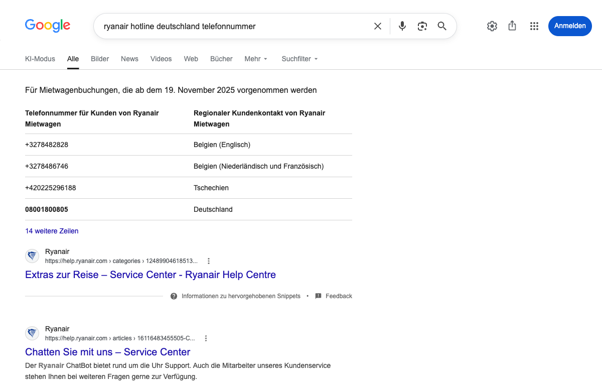 Google-Suche „ryanair hotline deutschland telefonnummer" am 12.07.2026: Ein hervorgehobenes Snippet listet mehrere verschiedene Ryanair-Mietwagen-Nummern für Belgien, Tschechien und Deutschland; darunter die echten Ryanair-Hilfeseiten