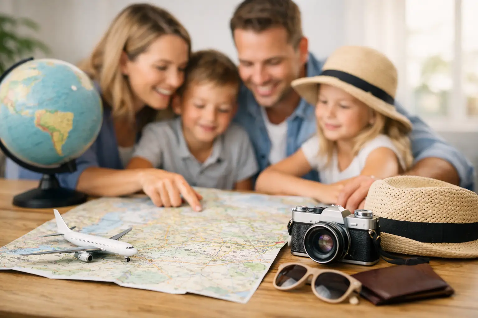 Familie mit zwei Kindern beugt sich über eine ausgebreitete Landkarte, daneben ein Globus, ein Spielzeugflugzeug, Sonnenhut und Kamera – Symbolbild fürs gemeinsame Reiseplanen am Tisch