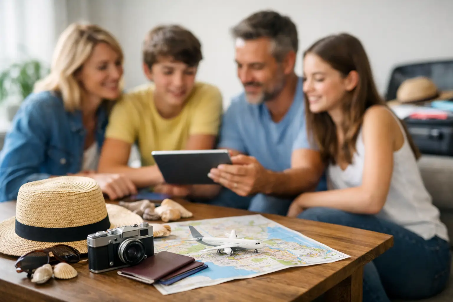 Symbolbild: Eltern und zwei Teenager schauen gemeinsam auf ein Tablet, davor Sonnenhut, Kamera, Reisepässe, eine Landkarte und ein Mini-Flugzeug auf einem Holztisch