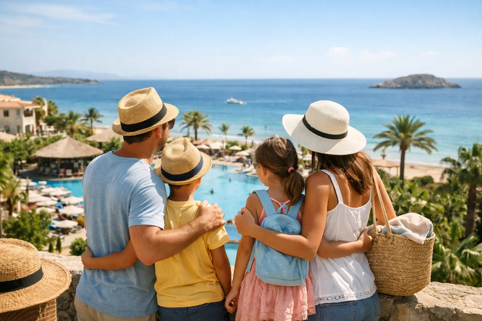 Symbolbild: Familie mit zwei Kindern von hinten, alle mit Strohhüten, blickt über einen Hotelpool aufs Mittelmeer mit Palmen und Sandstrand