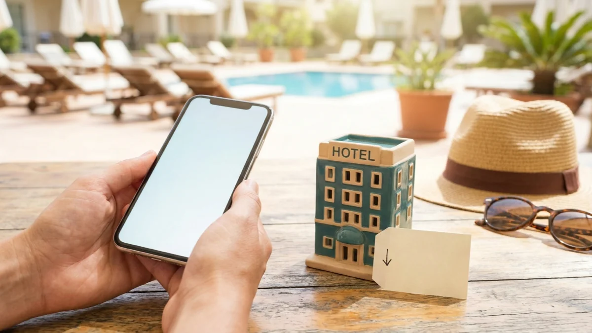 Symbolbild: Hände mit Smartphone neben einem Miniatur-Hotel und einem Zettel mit Abwärtspfeil, sonnige Pool-Kulisse im Hintergrund