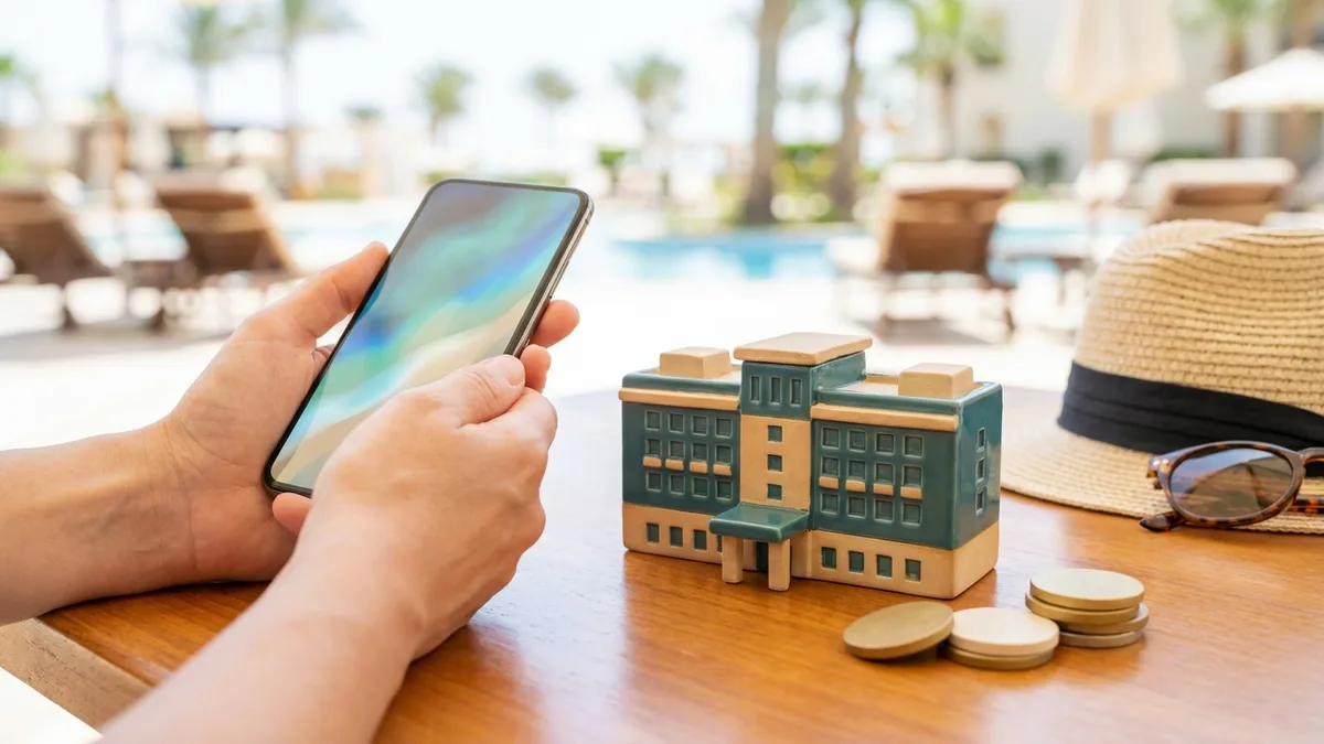 Symbolbild: Hände am Smartphone neben einem Miniatur-Hotel in Petrol und Sand und einem kleinen Stapel blanker Münz-Marken, sonnige Pool-Kulisse mit Strohhut und Sonnenbrille im Hintergrund