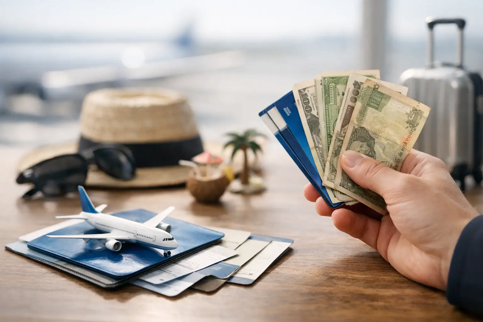 Symbolbild: Eine Hand hält Kreditkarten, Bargeld und Bordkarten, daneben ein Miniatur-Flugzeug auf einem Reisepass, Strohhut und Sonnenbrille, im Hintergrund ein Koffer am Flughafenfenster