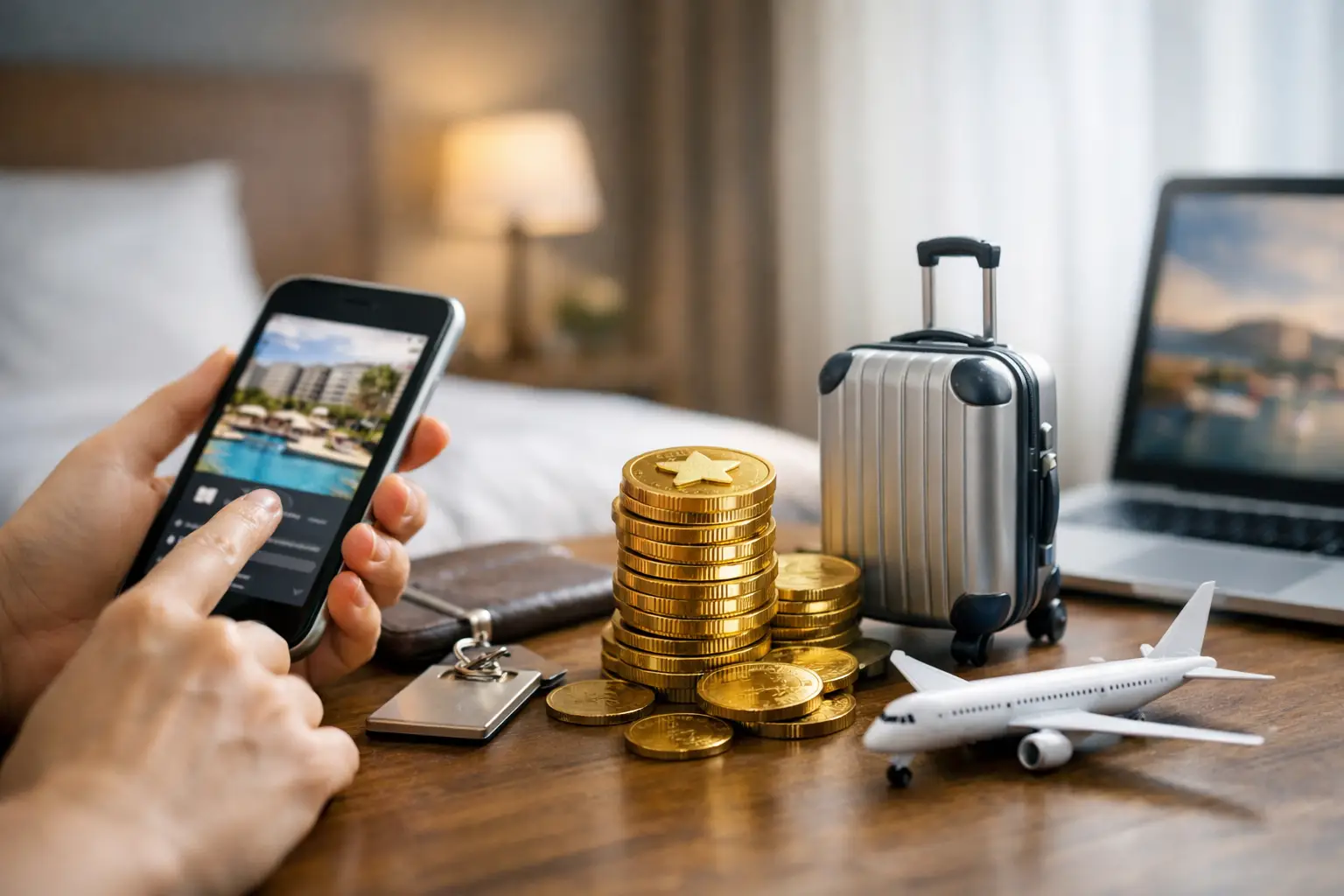 Symbolbild: Hände am Smartphone mit einem Hotelangebot, daneben ein Stapel Goldmünzen mit Stern-Münze, ein Miniatur-Koffer und ein Mini-Flugzeug auf einem Holztisch