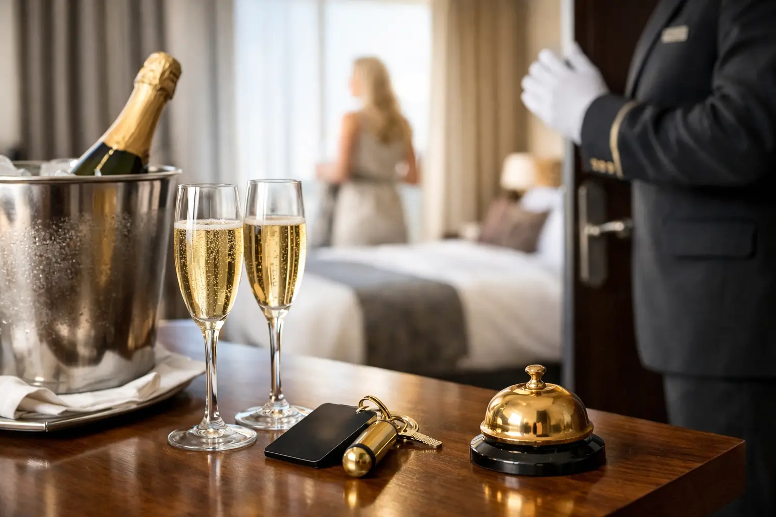 Symbolbild: Zwei gefüllte Sektgläser und eine Flasche im Eiskühler neben Zimmerkarte und goldener Rezeptionsglocke auf einem Holztisch, im Hintergrund ein Hotelzimmer und ein Hotelmitarbeiter mit weißen Handschuhen