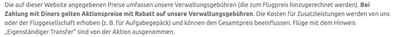 Hinweis auf der lastminute.de-Ergebnisseite: Preise umfassen Verwaltungsgebühren, Aktionspreise nur bei Zahlung mit Diners