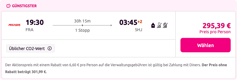 Preisaufstellung bei lastminute.de: Aktionspreis nur mit Diners Club, ohne Rabatt 301,99 Euro