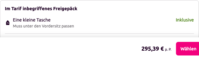 Freigepäck-Angabe bei lastminute.de: nur eine kleine Tasche unter den Vordersitz inklusive