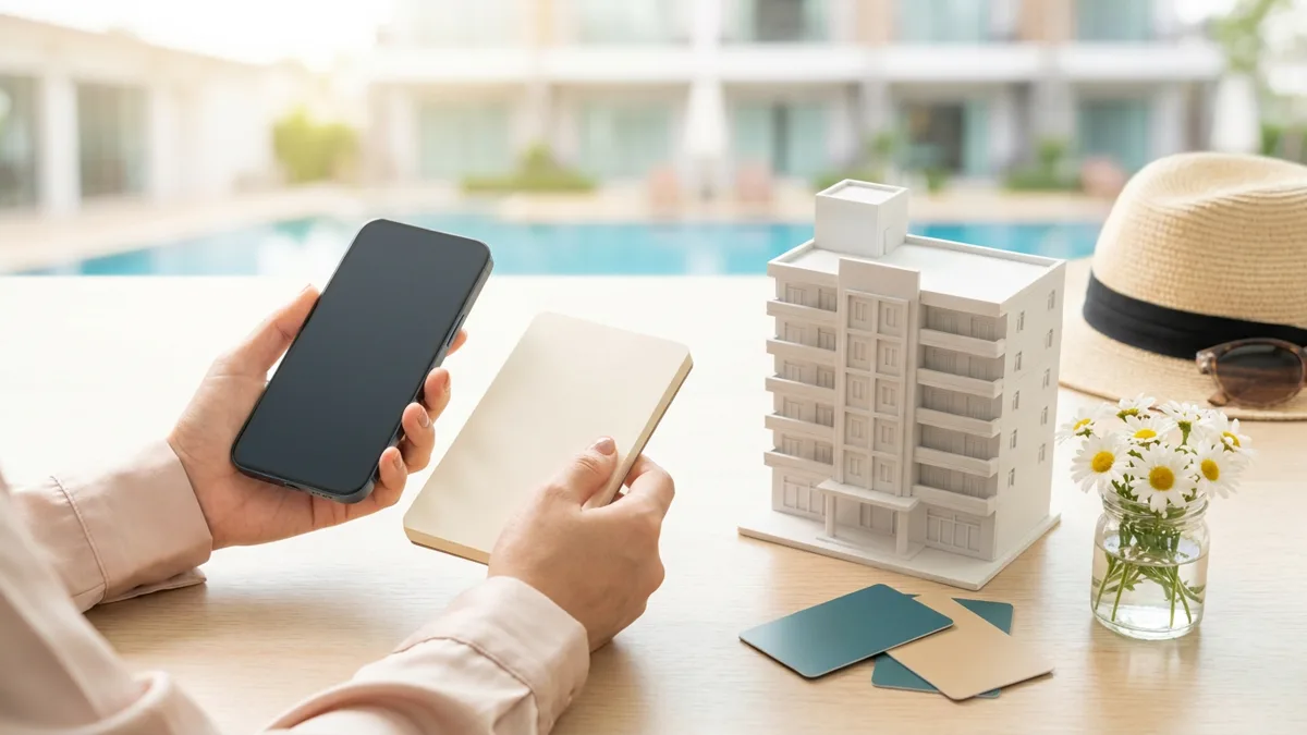 Symbolbild: Hände mit Smartphone und Notizblock neben einem weißen Miniatur-Hotelmodell, Mini-Keycards und einem Glas Gänseblümchen auf einem Holztisch, dahinter unscharf ein sonniger Hotelpool