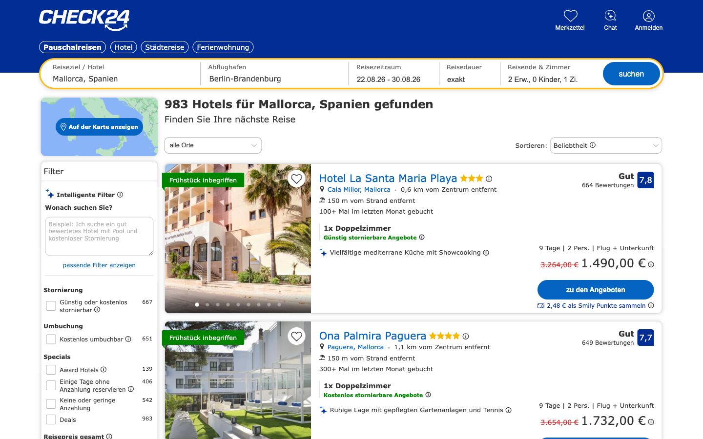CHECK24-Ergebnisliste für Mallorca-Pauschalreisen: durchgestrichener Ankerpreis 3.264 Euro neben 1.490 Euro, Gästebewertungs-Badge und Hinweis „100+ Mal im letzten Monat gebucht", erhoben am 06.07.2026