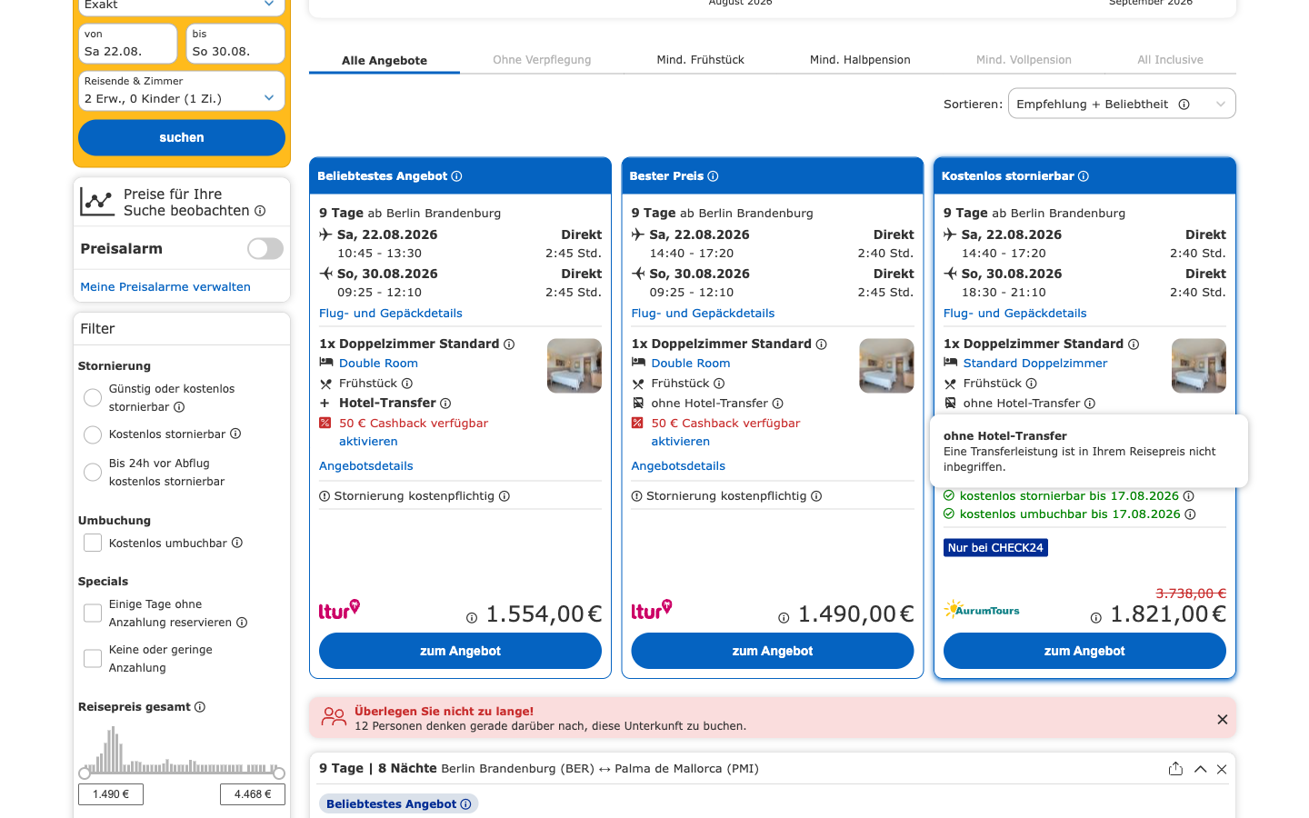 Drei CHECK24-Angebotskarten der Veranstalter ltur und AurumTours mit Preisen, Storno-Labels, Cashback-Hinweis zum Aktivieren und dem Verknappungs-Banner „12 Personen denken gerade darüber nach", erhoben am 06.07.2026