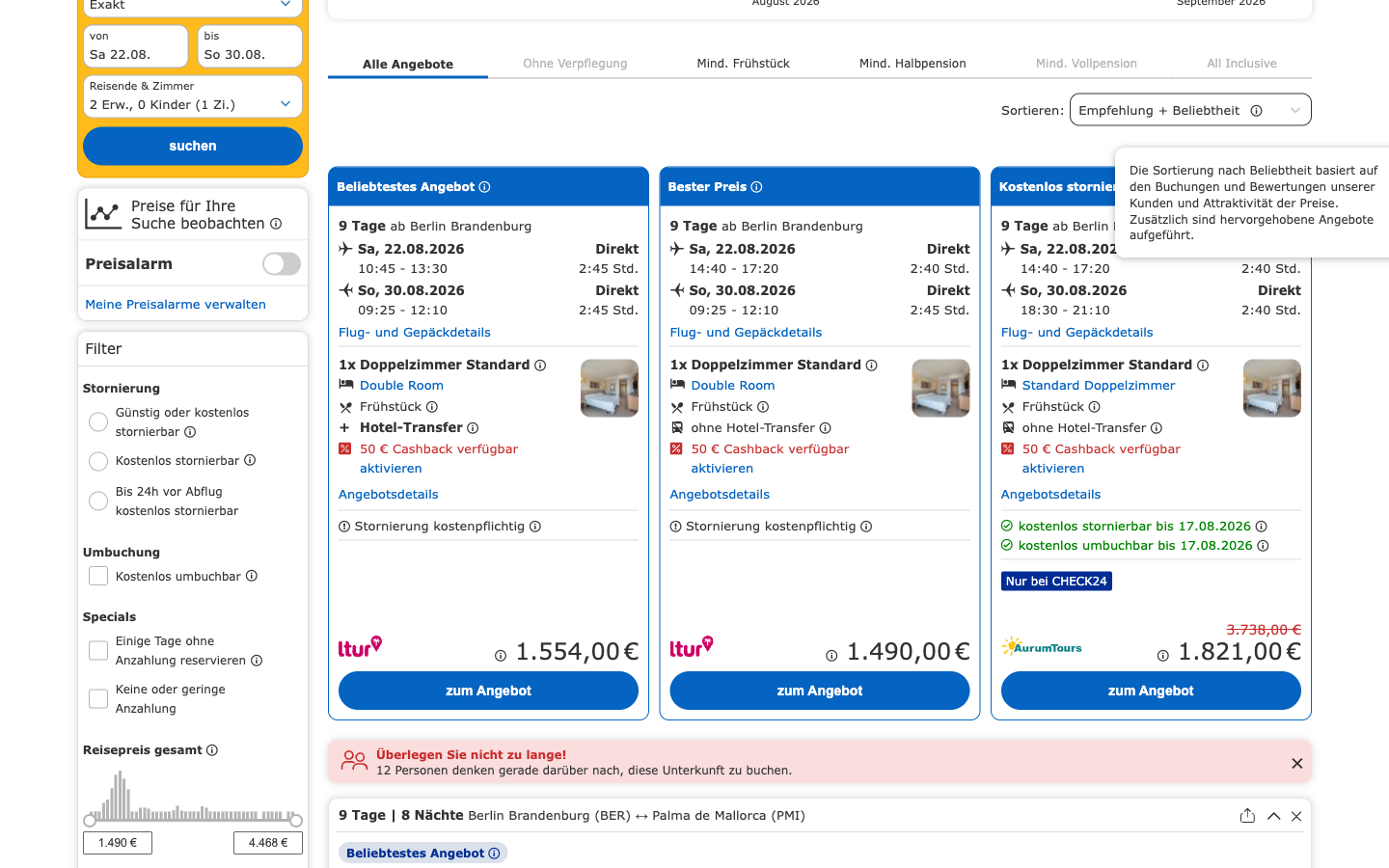 CHECK24-Sortier-Tooltip „Empfehlung + Beliebtheit" mit dem Wortlaut, dass zusätzlich hervorgehobene Angebote aufgeführt sind, erhoben am 06.07.2026