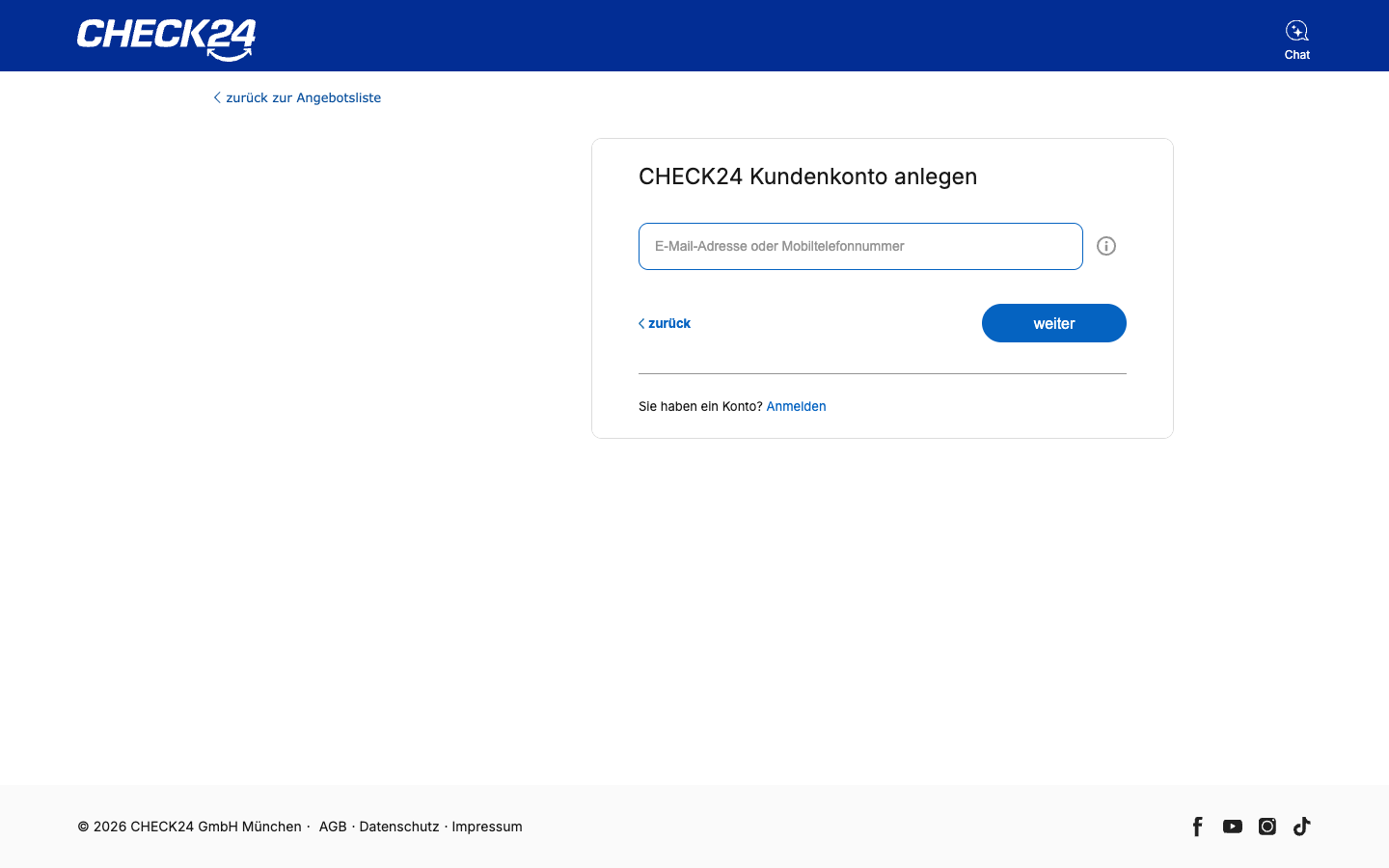 CHECK24-Buchungsstrecke verlangt die Anlage eines Kundenkontos mit E-Mail oder Mobilnummer, keine Gast-Option, erhoben am 06.07.2026