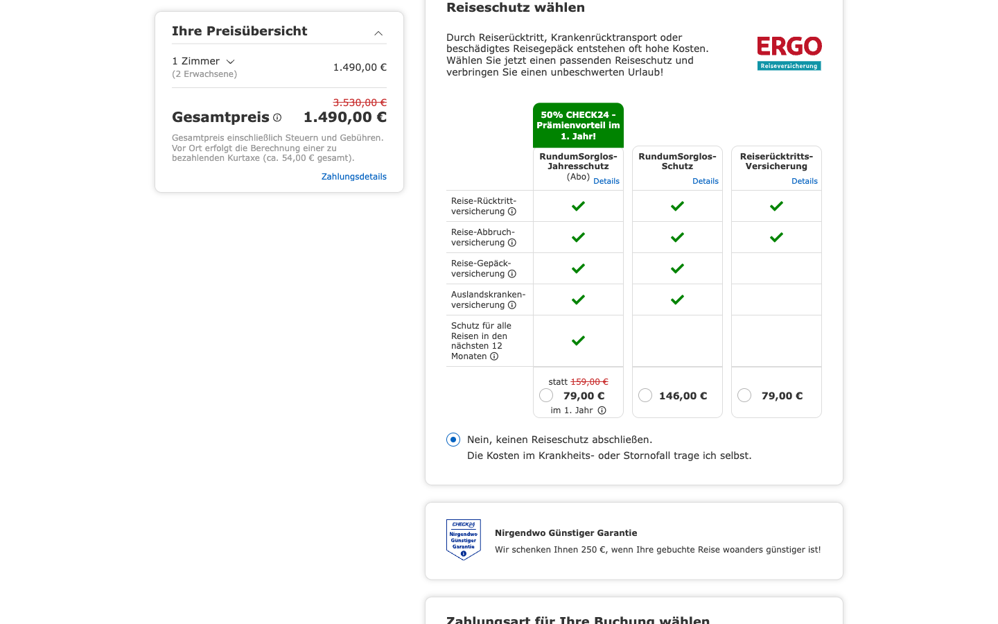 CHECK24-Reiseschutz-Auswahl in der Buchungsstrecke: „Nein, keinen Reiseschutz abschließen." ist voreingestellt, daneben Jahresschutz-Angebot mit „50 % Prämienvorteil"-Badge, erhoben am 06.07.2026