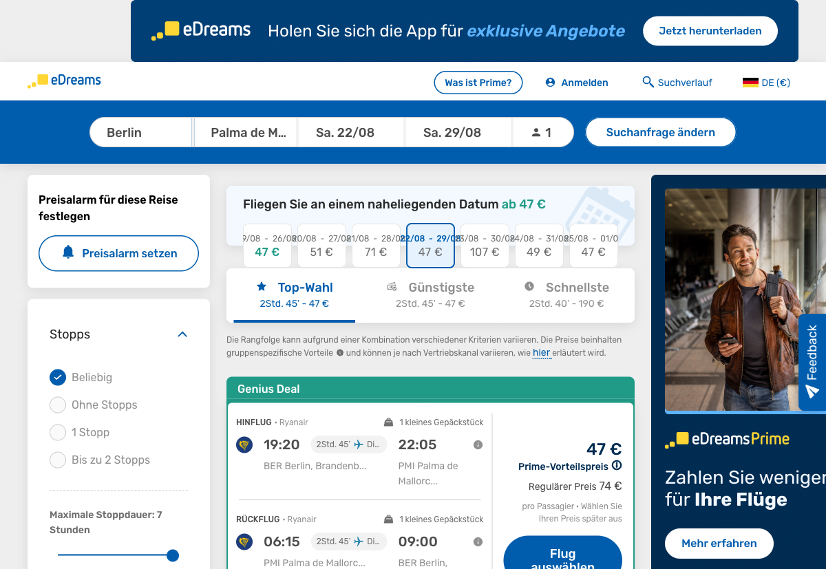 Ergebnisliste bei eDreams: 47 Euro Prime-Vorteilspreis neben 74 Euro regulärem Preis