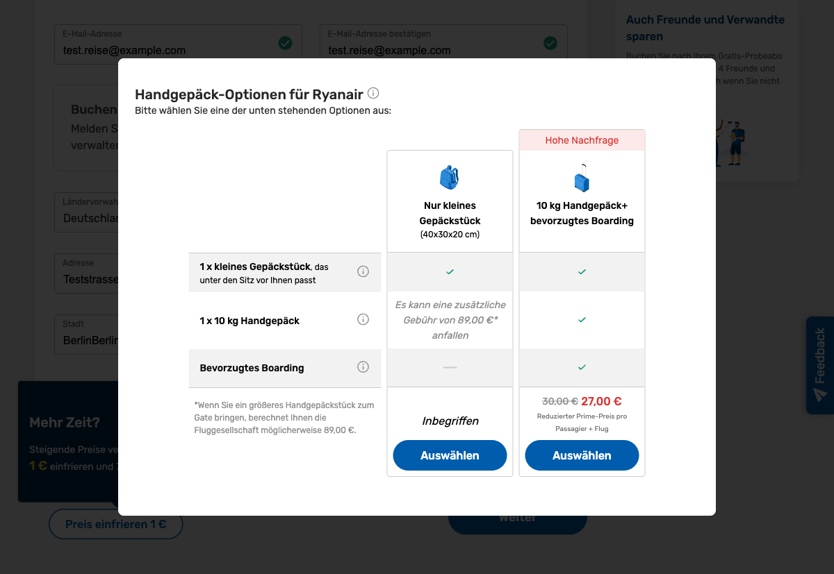 Pflicht-Auswahlfenster für Handgepäck-Optionen bei eDreams mit kostenpflichtigem Upgrade