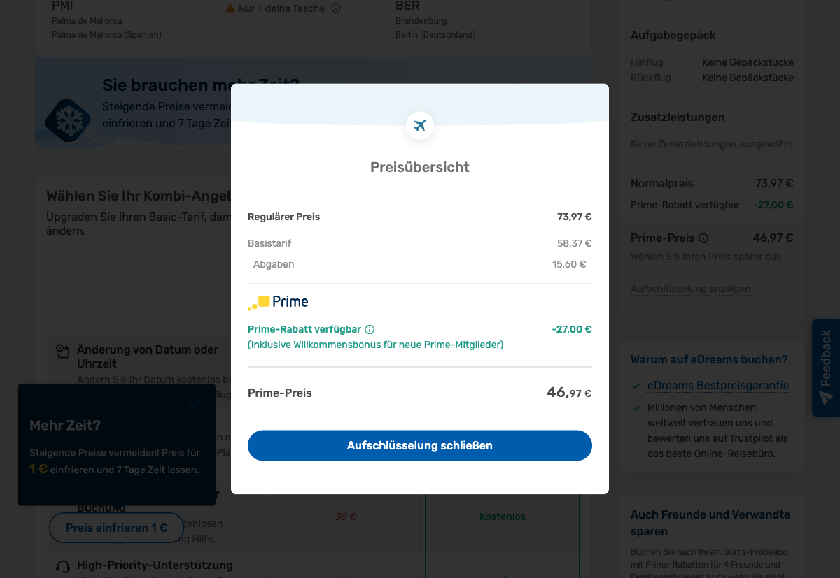 Preisaufstellung bei eDreams: Basistarif 58,37 Euro plus Abgaben 15,60 Euro, minus 27 Euro Prime-Rabatt