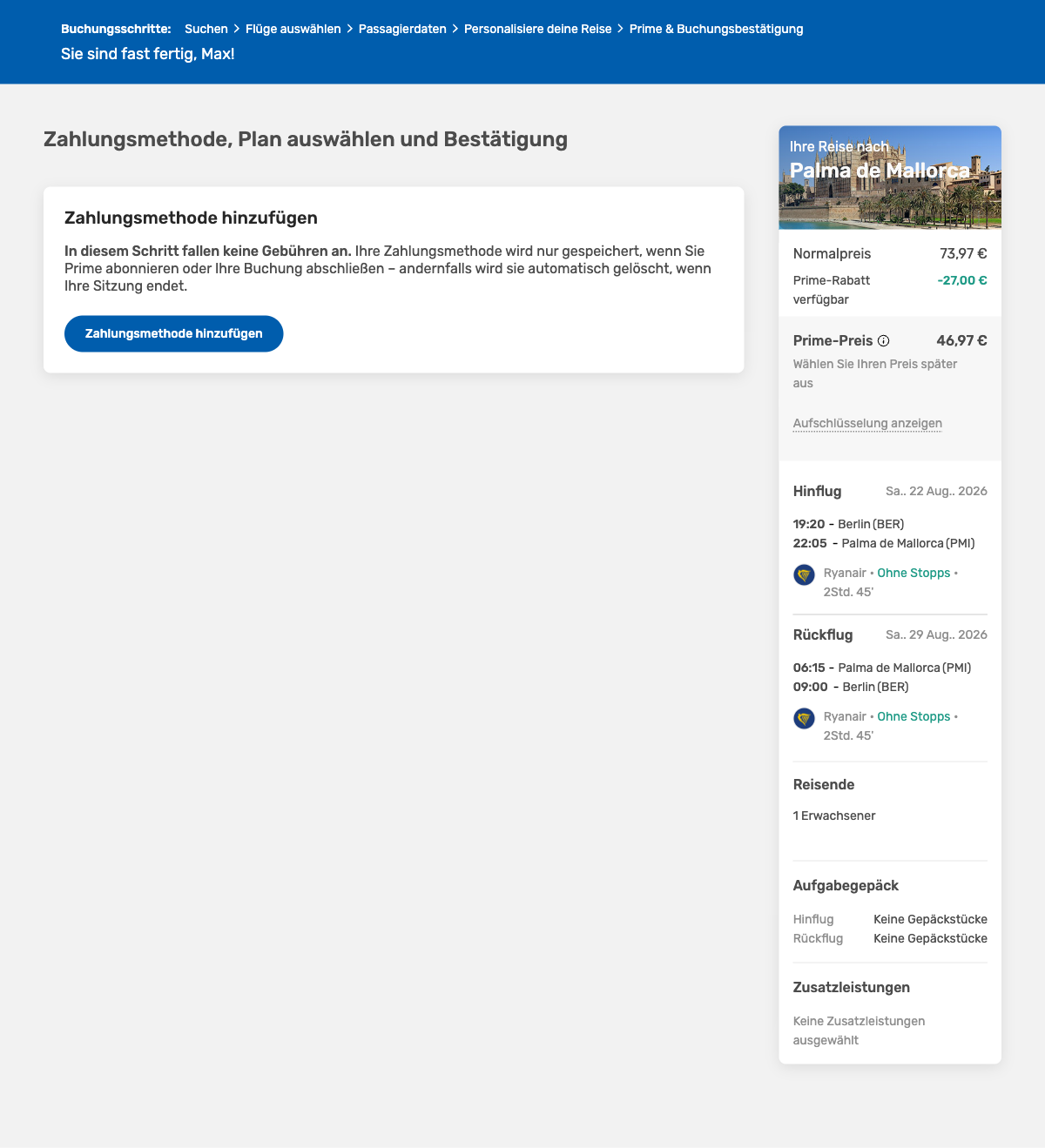 Zahlungsseite bei eDreams mit vorausgewähltem Prime-Preis von 46,97 Euro