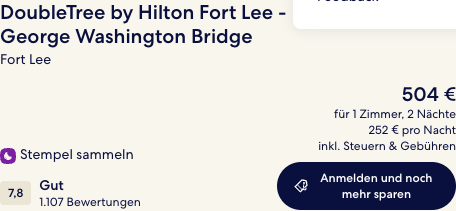 Hotels.com-Ergebniskarte am 03.07.2026: DoubleTree Fort Lee für 504 € als Gesamtpreis inklusive Steuern und Gebühren, mit Stempel-Badge