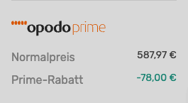 Preisbox im Opodo-Checkout: Prime-Rabatt von 78 Euro fest im Gesamtpreis verankert — Bildschirmfoto zur Lesbarkeit gleichmäßig aufgehellt, Inhalt und Werte unverändert
