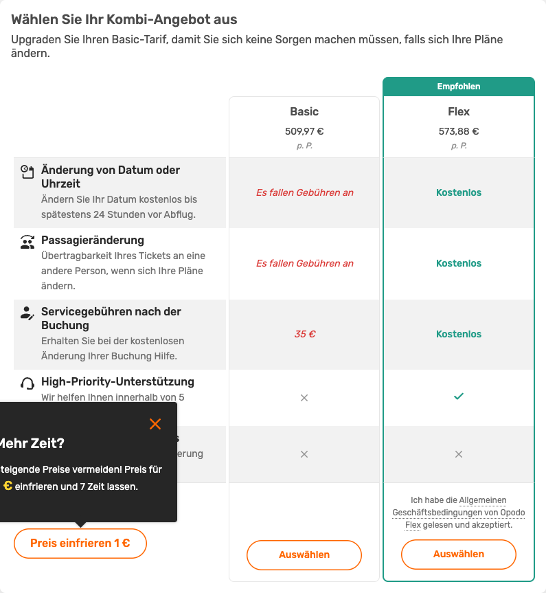 Opodo-Tarifvergleich: Basic-Tarif mit 35 Euro eigenen Servicegebühren nach der Buchung