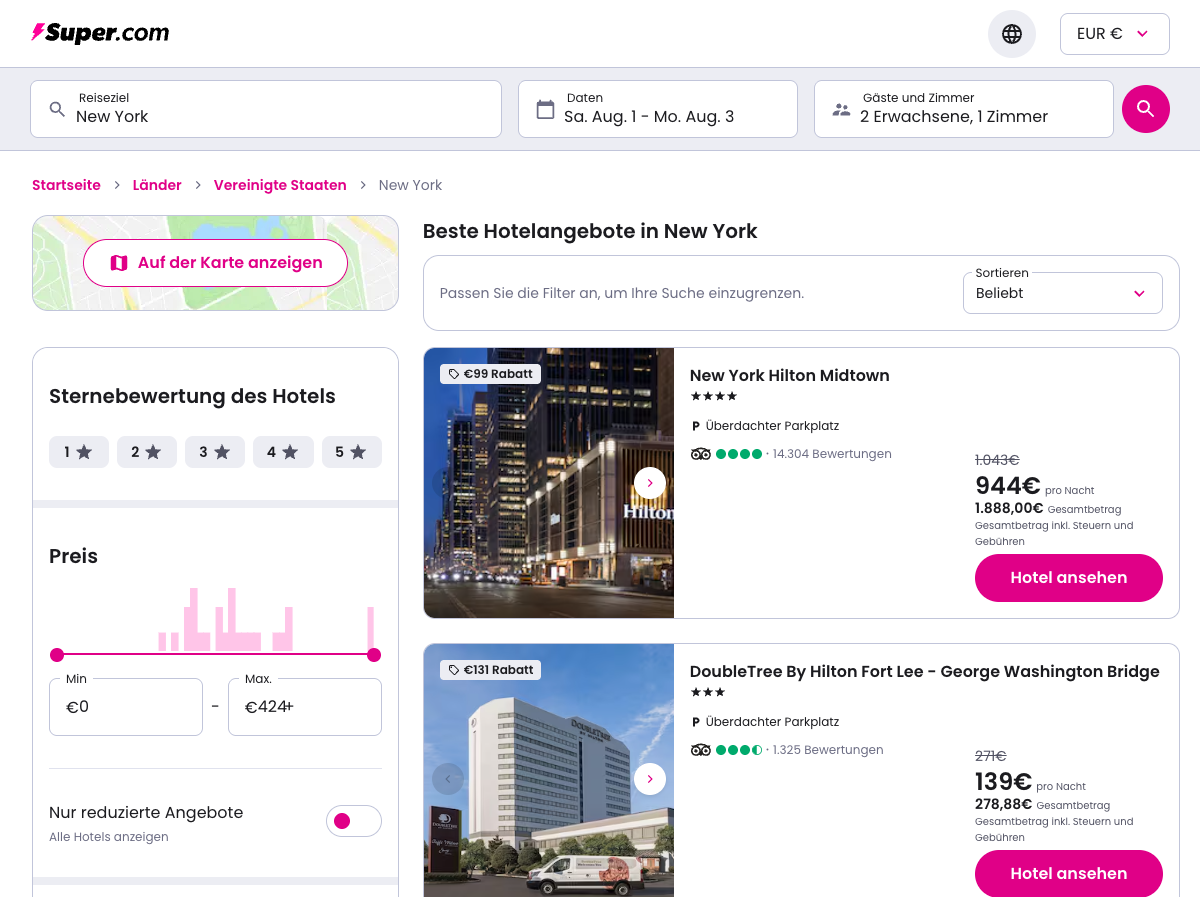 Super.com-Ergebnisliste für New York: Streichpreise und Rabatt-Badges an den Hotelkarten