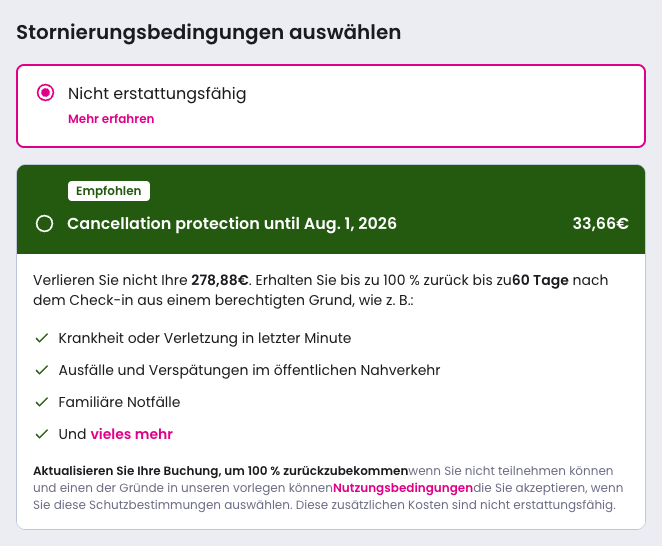 Checkout bei Super.com: „Nicht erstattungsfähig" vorausgewählt, empfohlener Stornoschutz für 33,66 € über refundable.me