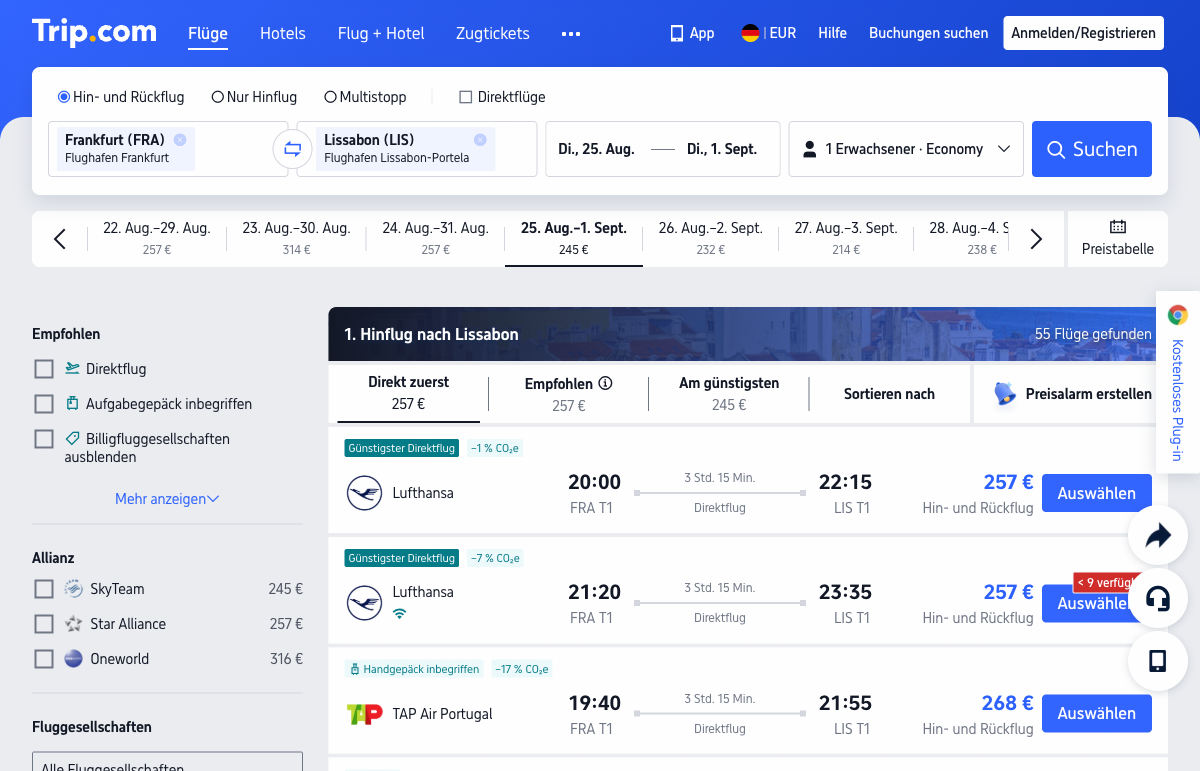 Trip.com-Ergebnisliste für den Flug Frankfurt–Lissabon: Lufthansa-Direktflug für 257 Euro Hin- und Rückflug, Sortierreiter „Direkt zuerst", „Empfohlen" und „Am günstigsten", erhoben am 12.07.2026