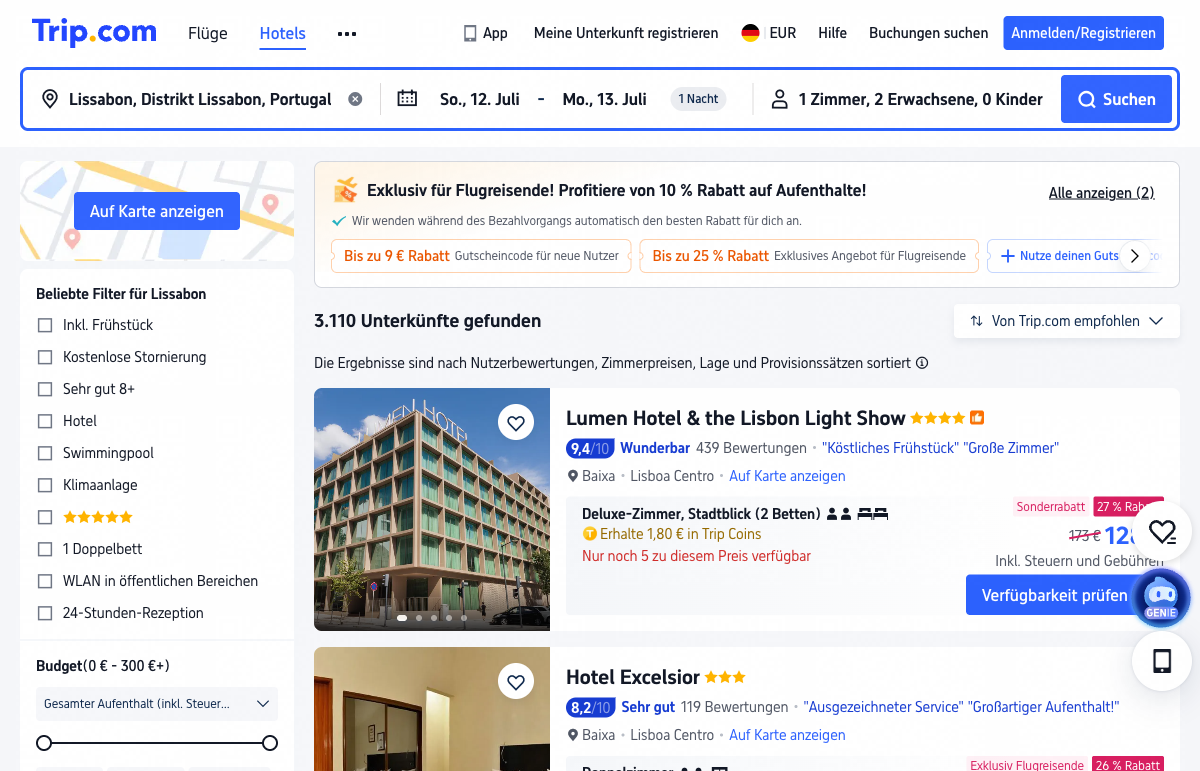 Trip.com-Hotelliste für Lissabon mit dem Sortier-Hinweis „Die Ergebnisse sind nach Nutzerbewertungen, Zimmerpreisen, Lage und Provisionssätzen sortiert", Rabatt-Banner „10 % Rabatt für Flugreisende" und Verknappungs-Zeile „Nur noch 5 zu diesem Preis verfügbar", erhoben am 12.07.2026
