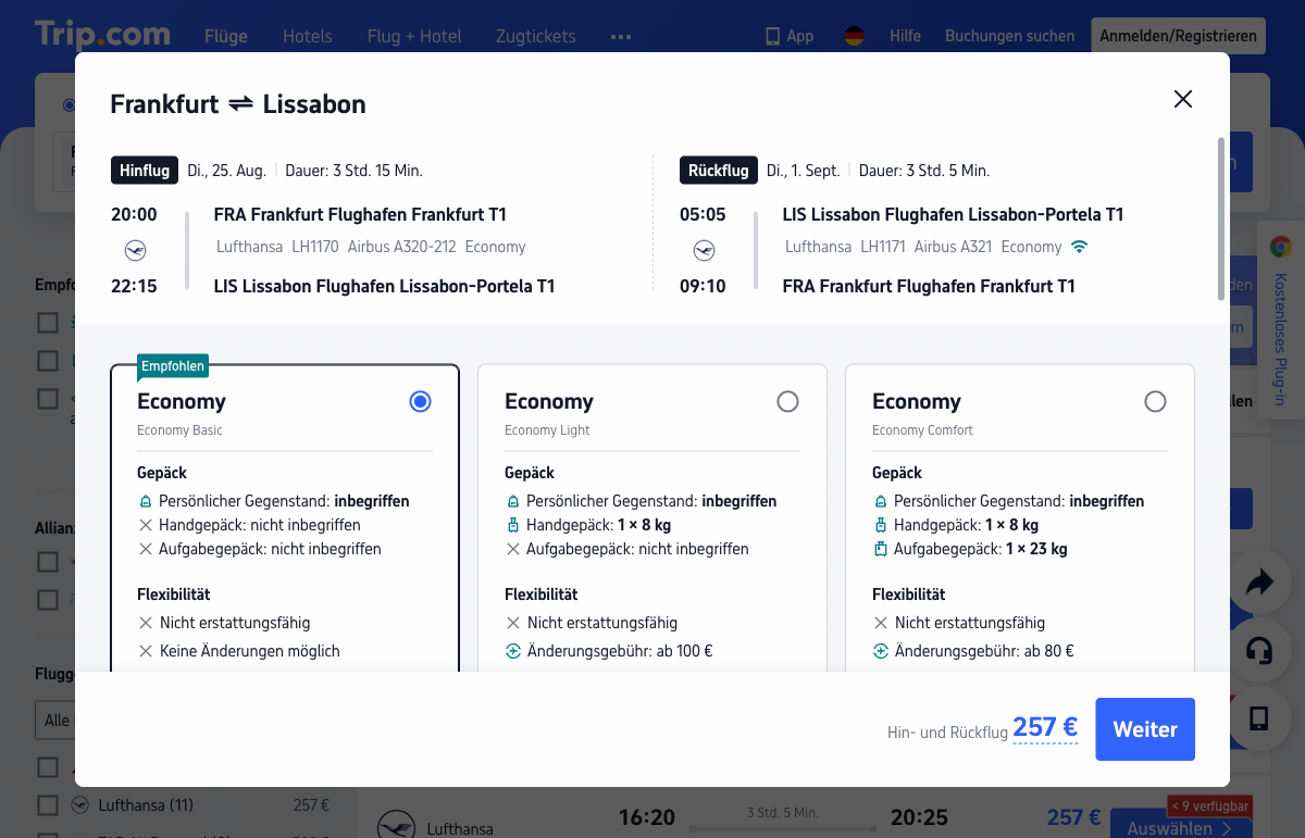 Trip.com-Tarifwahl-Dialog Frankfurt–Lissabon mit drei Economy-Tarifen: „Economy Basic" (empfohlen) mit Handgepäck „nicht inbegriffen" und „Nicht erstattungsfähig", daneben „Economy Light" und „Economy Comfort" mit Handgepäck, erhoben am 12.07.2026