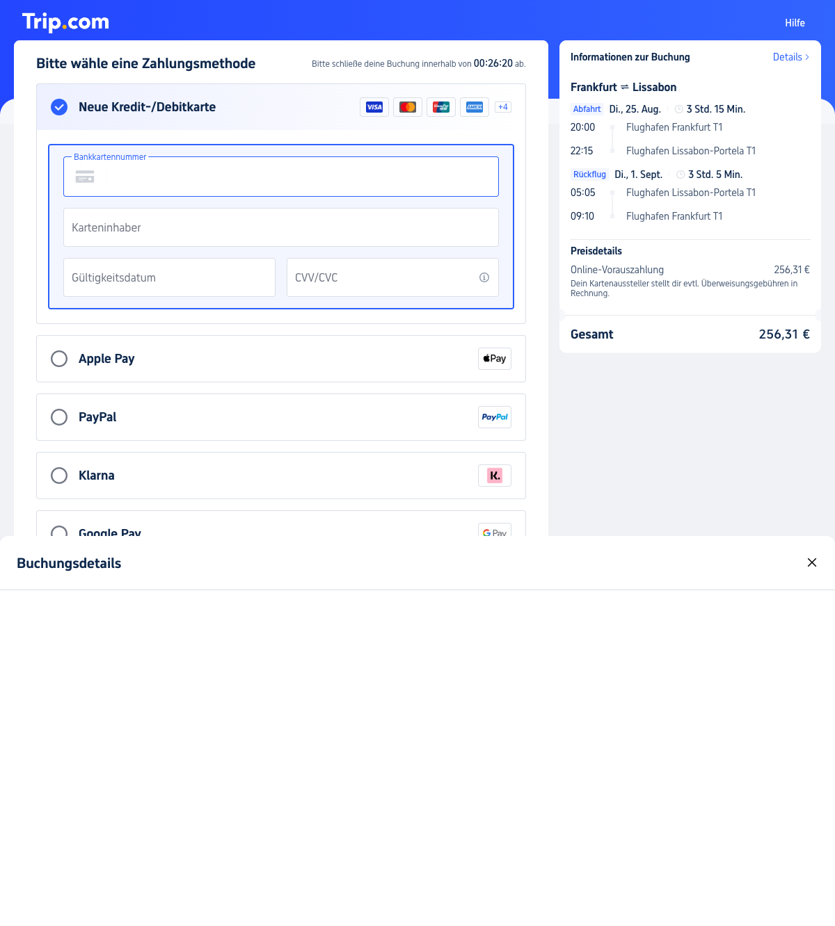 Trip.com-Zahlungsseite mit Zahlungsmethoden (Kredit-/Debitkarte, Apple Pay, PayPal, Klarna, Google Pay), Preisdetails „Online-Vorauszahlung 256,31 €", Gesamt 256,31 € und dem Countdown-Hinweis „Bitte schließe deine Buchung innerhalb von 00:26:20 ab", erhoben am 12.07.2026